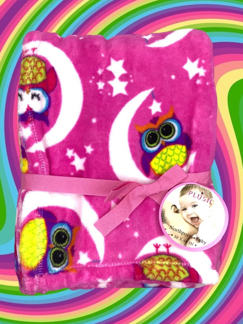 NWT Baby Blanket Owls Moon Stars Animal Print Pink Purple Orange Plush Toddler